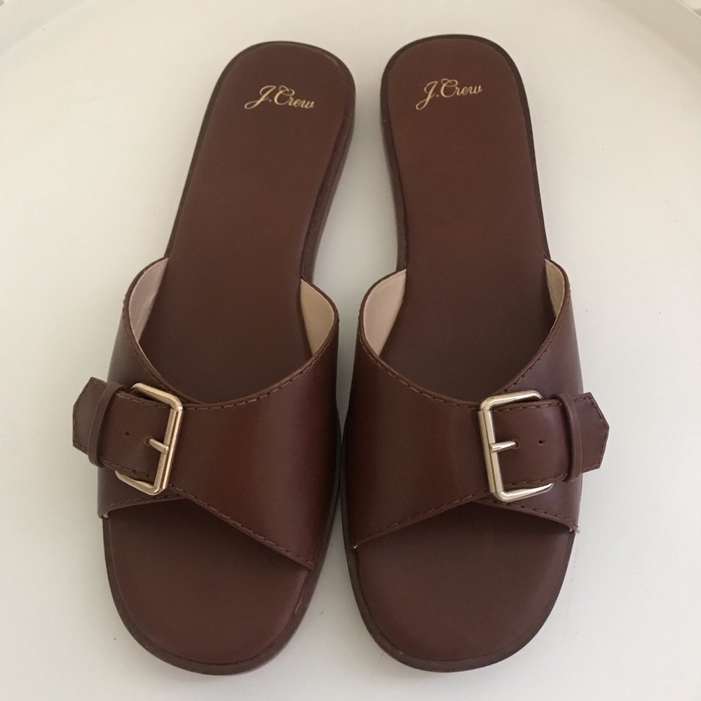 J. Crew Brown Leather Slide Sandals with Gold Buckles